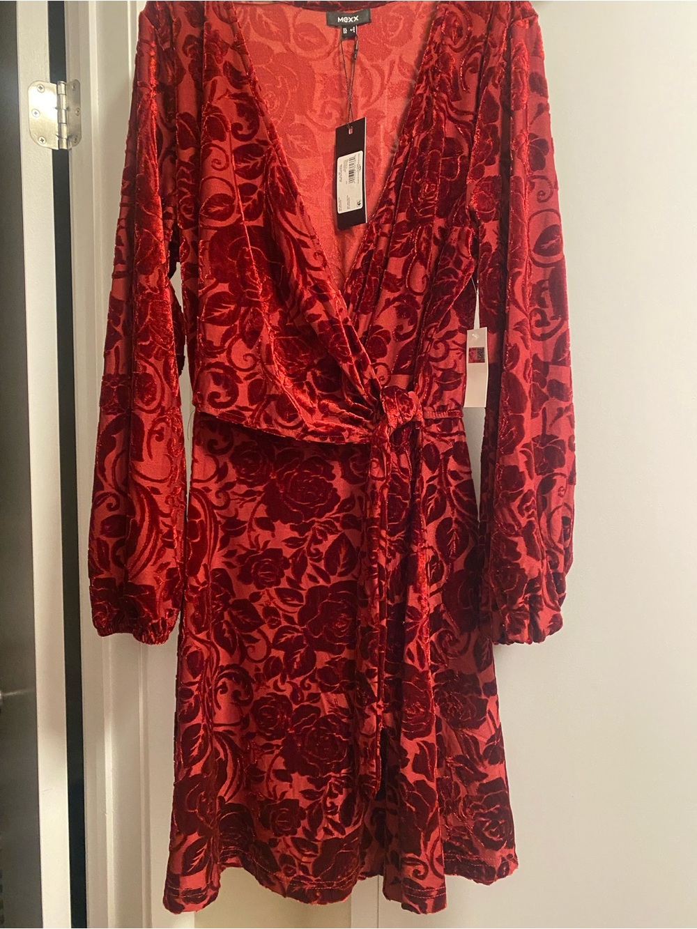 Mexx Red Floral Burnout Velvet Wrap Dress